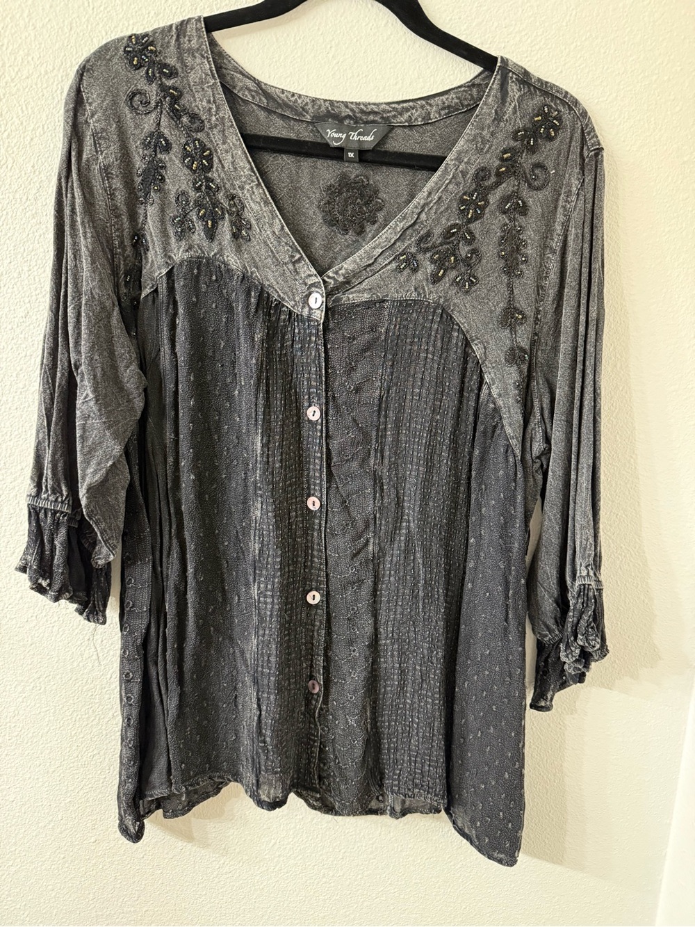 Young Threads Gray Embroidered Button-Down Women's Top, 1x